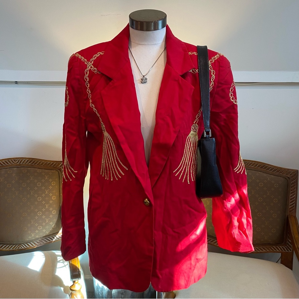 Vintage 80s Red Blazer with Gold Tassel Embroidery, Power Dressing, Women's LG